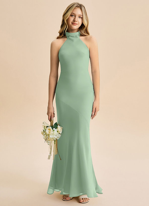 Azazie Velli Junior Vestido Matchá de Chiffon de sereia com Pescoço alto image1