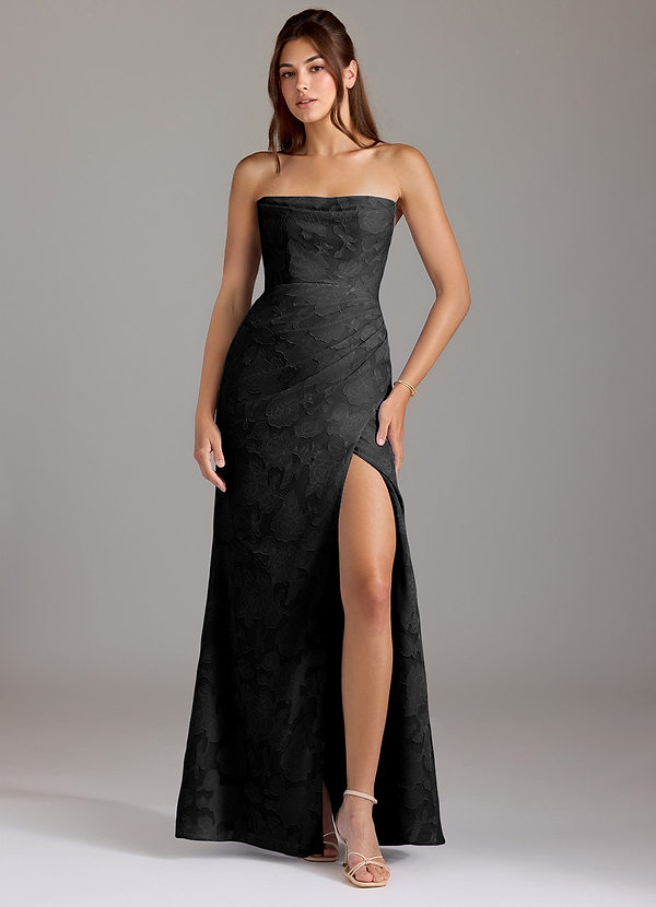Azazie Leonis Bridesmaid Dresses Black Sheath Strapless Floral Burnout Convertible Dress image1