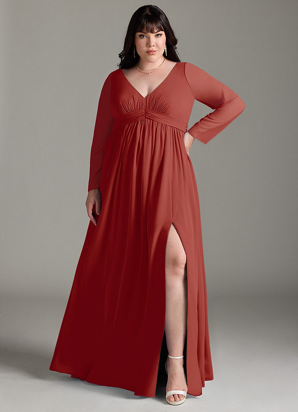 Azazie Teton Maternity Bridesmaid Dresses A-Line Long Sleeve Chiffon Floor-Length Dress image1