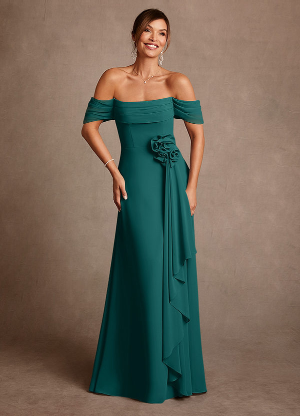 Azazie Amherst Abiti da Mamma Sposa Abito A-Line in Chiffon a Spalla Scoperta Verde Pavone image1