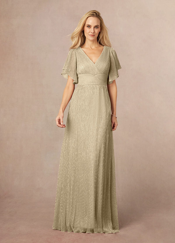 Azazie Kathryn Brautmutterkleider A-Linie Flatterärmel mit V-Ausschnitt Metallisches Netz Kleid Champagner Gold image1