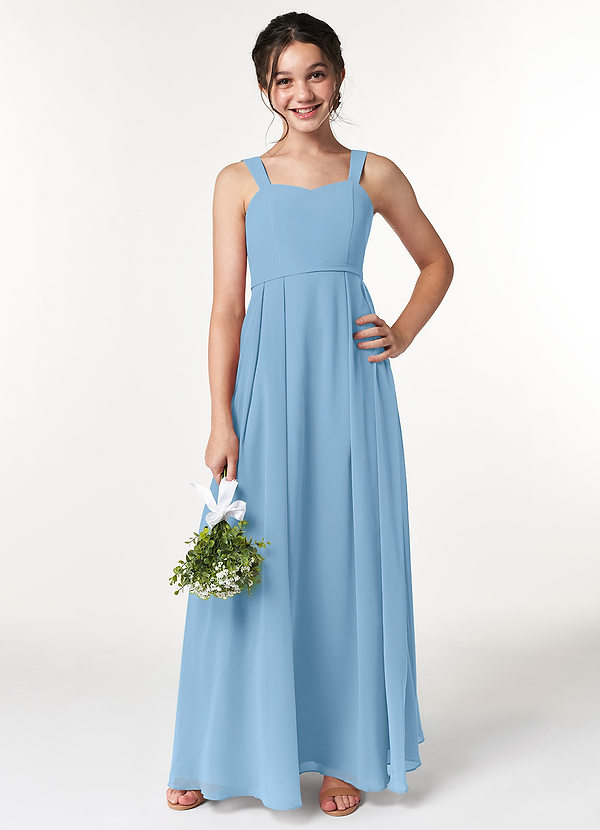 Azazie Simoan Junior Abito A-Line in Chiffon Scollo a Cuore Blu Acciaio image1