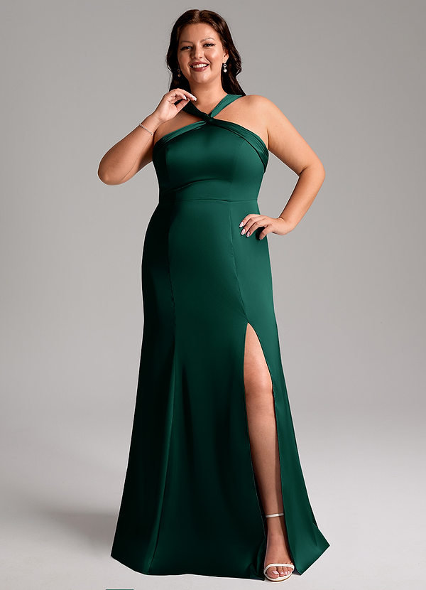 Azazie Rue Bridesmaid Dresses Emerald A-Line Pleated Stretch Satin Dress image1