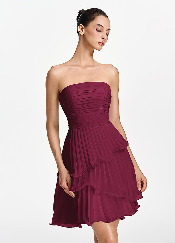 Hortensia Borgogna Mini abito senza spalline in chiffon plissettato con allacciatura a lacci. image1