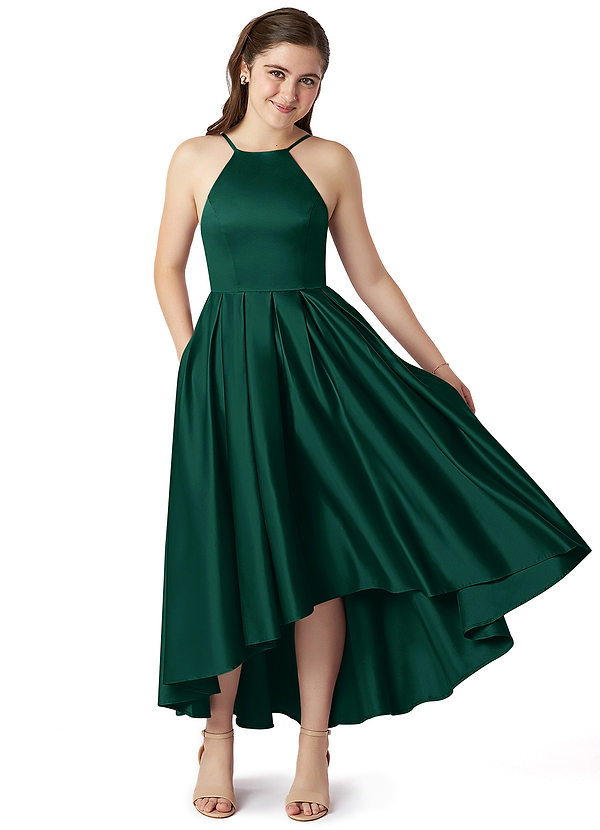 Azazie Jemima Junior Emerald A-Line with Pockets Stretch Satin Dress image1