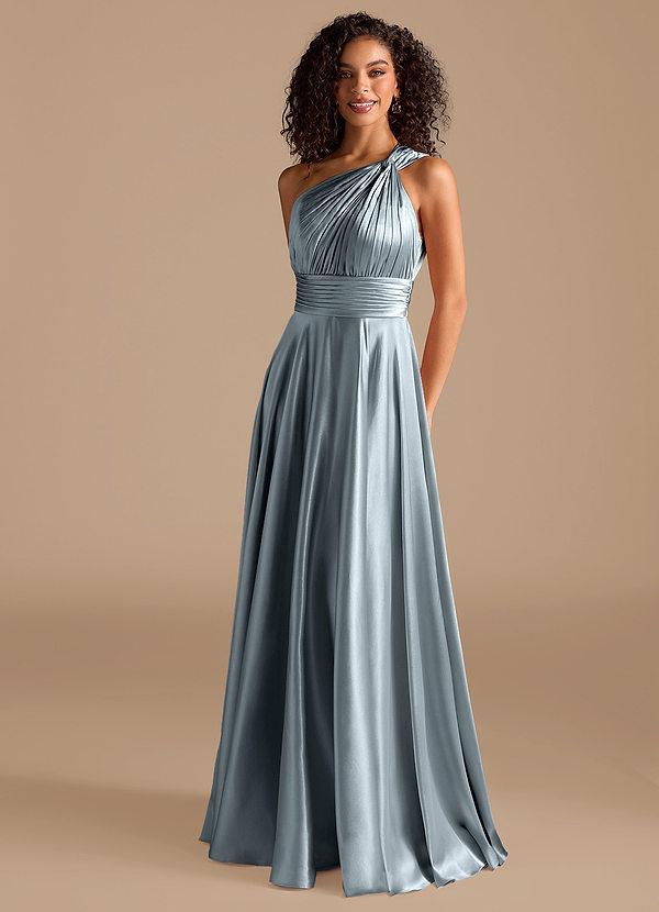 Azazie Charlize Bridesmaid Dresses Dusty Blue A-Line One Shoulder Metallic Satin Dress image1