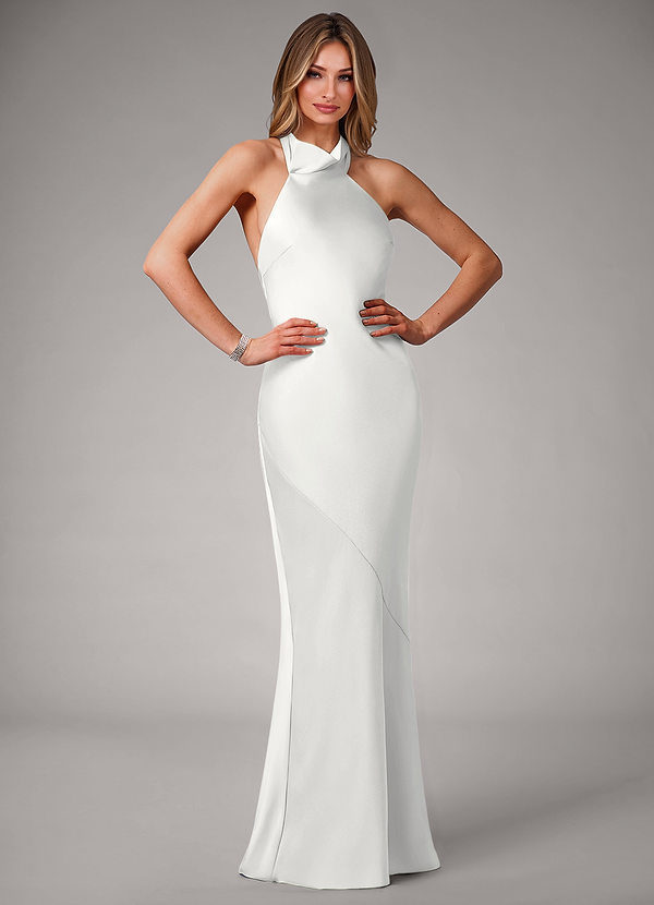 Azazie Velli Bridesmaid Dresses White Mermaid High Neck Stretch Satin Dress image1