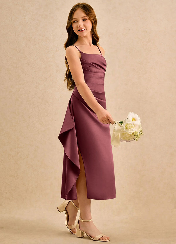 Azazie Canna Girls Formal Sukienki dla dziewczynek sypiących kwiaty Linia A Pofałdowany Satyna elastyczna Długość herbaty Sukienka image1