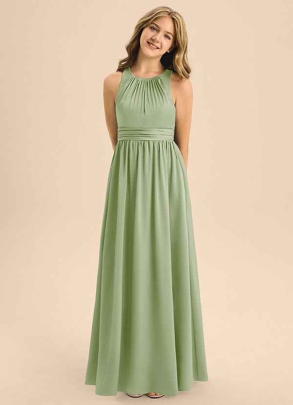 Azazie Jaylah Junior Vestido Salvia Polvorienta de Satén Elástico de Corte en A con Plisado image1
