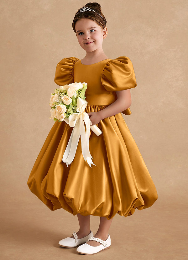 Azazie Jellybean Flower Girl Dresses Butterscotch Ball-Gown Ruched Matte Satin Dress image1