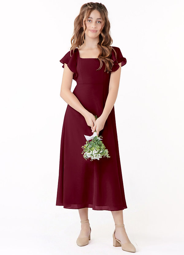 Azazie Bondi Junior Jurk van Chiffon met A-Lijn Ruches Cabernet image1