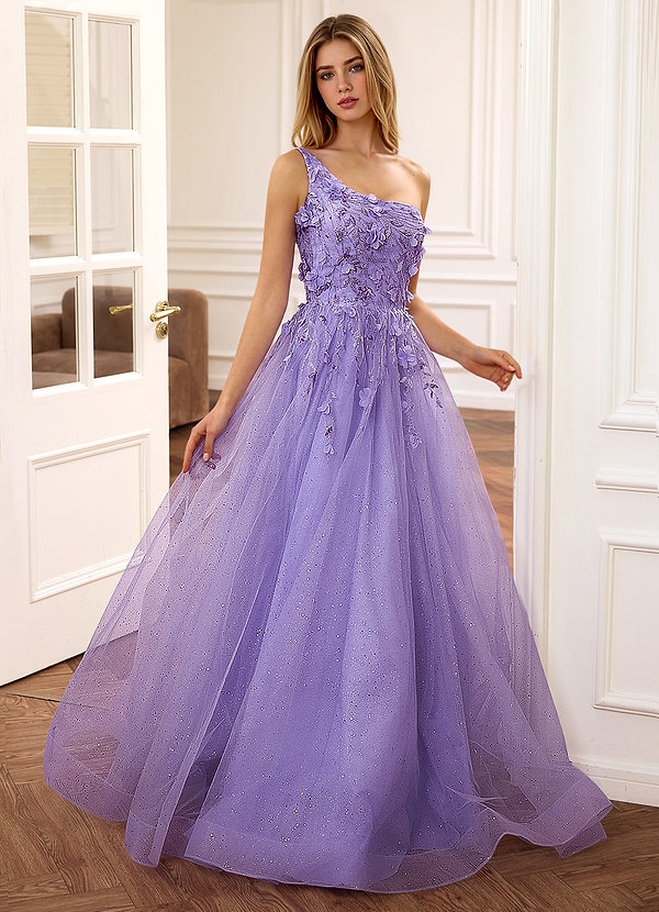 Felicite Purper Bloemen A-lijn tule pailletten one-shoulder glitter galajurk image1