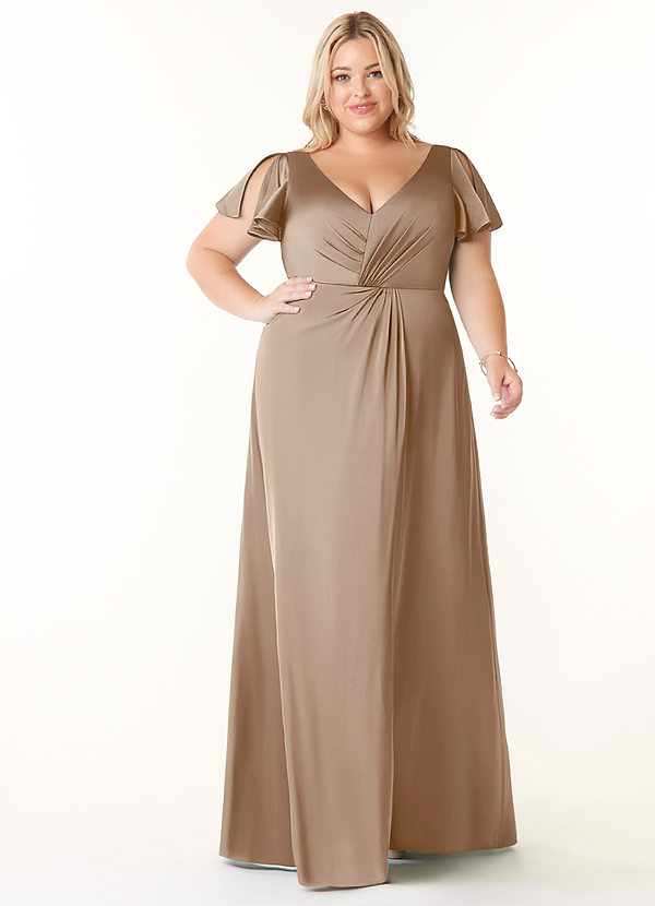 Azazie Soren Bridesmaid Dresses Taupe A-Line Pleated Stretch Satin Dress image1