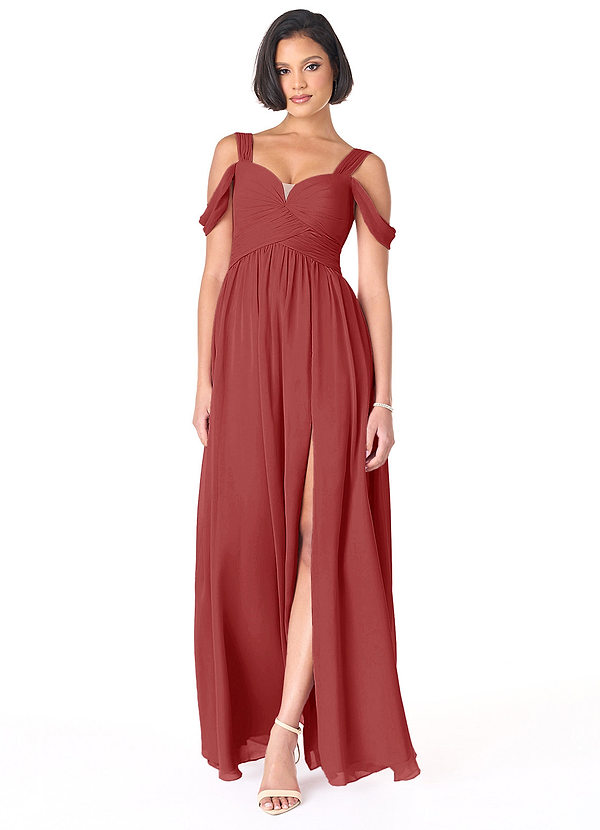 Azazie Lianne Bridesmaid Dresses Rust A-Line Off the Shoulder Chiffon Dress image1