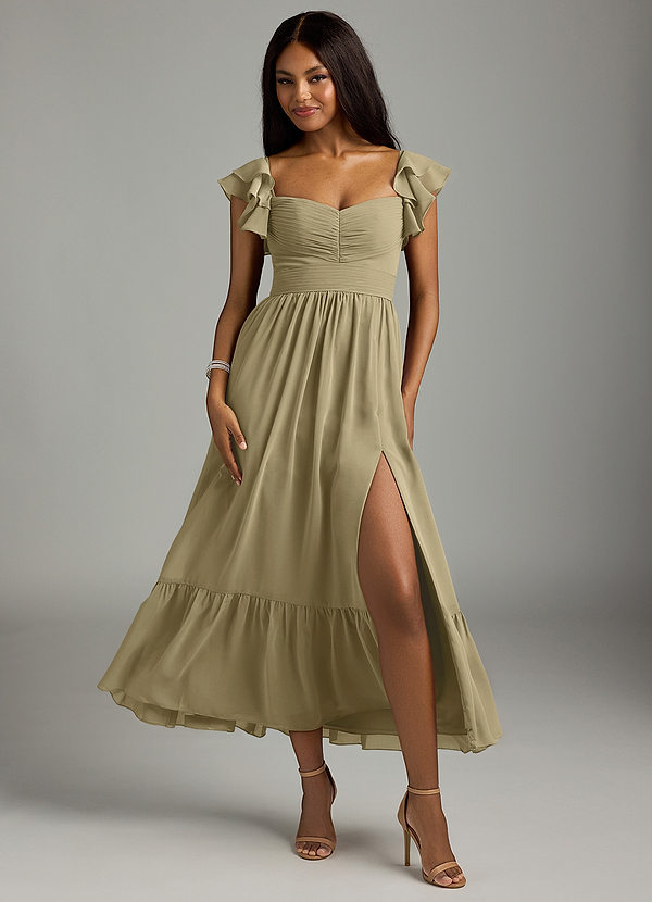 Azazie Anaya Bridesmaid Dresses Moss Green A-Line Pleated Chiffon Dress image1
