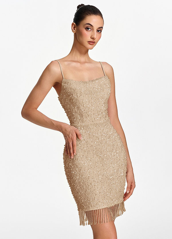 Liliana Champagne Spaghetti Strap Beaded Fringe Lace Up Mini Dress image1