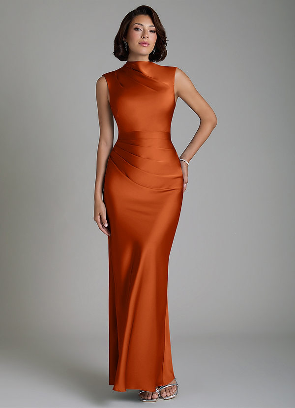 Azazie Lumia Bridesmaid Dresses Burnt Orange Sheath Corset Stretch Satin Dress image1