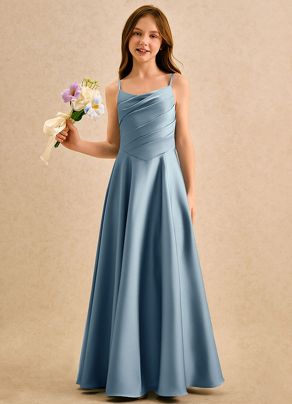 Azazie Coconut Girls Formal Flower Girl Dresses Vestido Azul Empoeirado de Cetim elástico de Linha A com Plissado image1