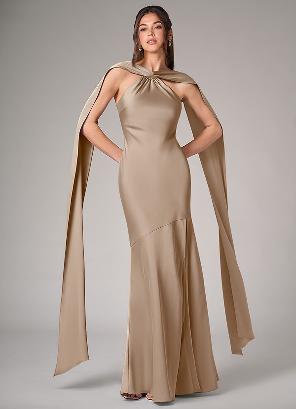 Azazie Kinsley Bridesmaid Dresses Taupe Mermaid Side Slit Stretch Satin Dress image1