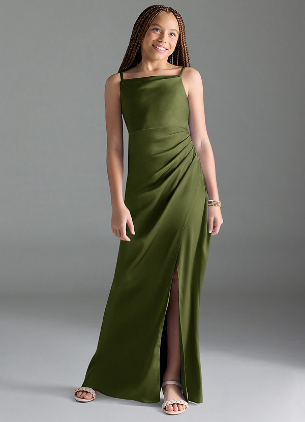 Azazie Leonis Junior A-Line Plisseret Stræk satin Gulv-længde Junior brudepige Kjole image1