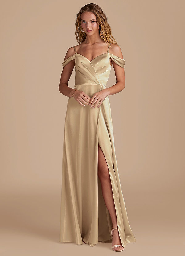 azazie champagne satin dress Azazie Clarice