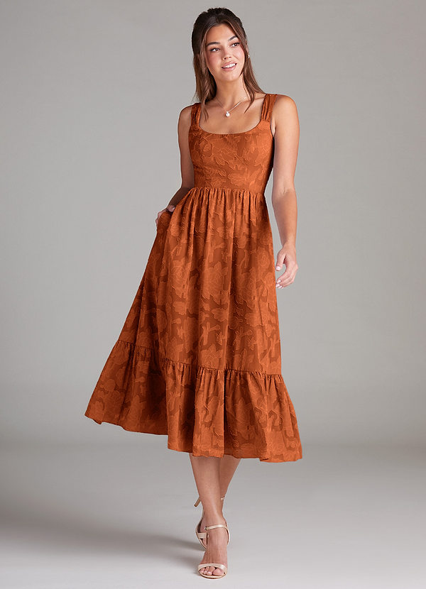 Azazie Alissa Bridesmaid Dresses Burnt Orange A-Line with Pockets Floral Burnout Dress image1