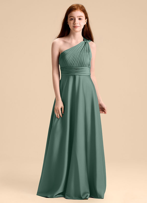 Azazie Charlize Junior Robe Trapèze en Satin extensible Plissée Eucalyptus image1
