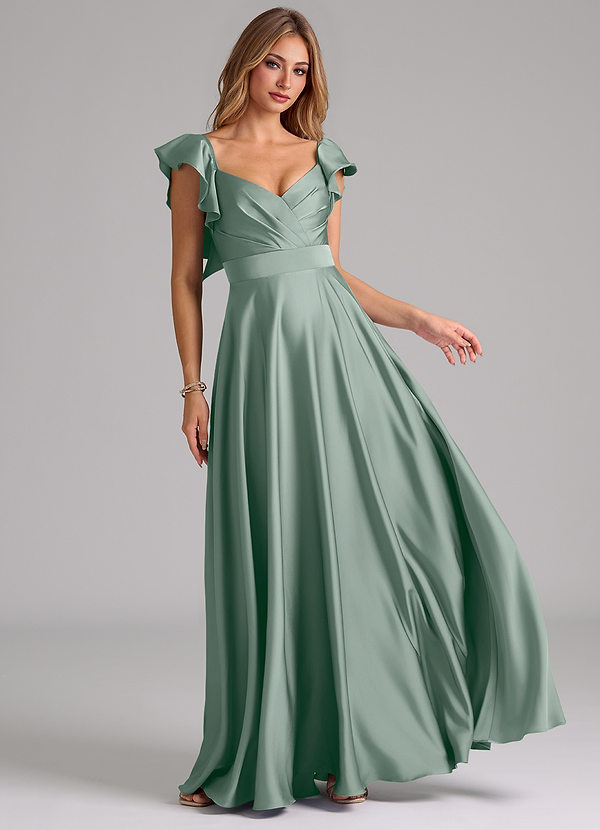 Azazie Leilani Robes Demoiselle d'honneur Robe Trapèze en Satin extensible Rayé Sauge D'argent image1