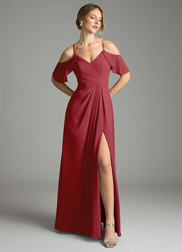 Azazie Dakota Bridesmaid Dresses Pomegranate A-Line V-Neck Pleated Chiffon Dress image1