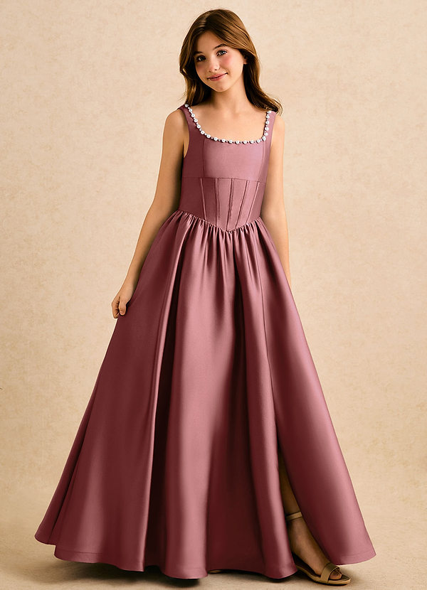 Azazie Enid Girls Formal Blomsterpigekjoler A-Line Perlebesat Stræk satin Gulv-længde Kjole image1