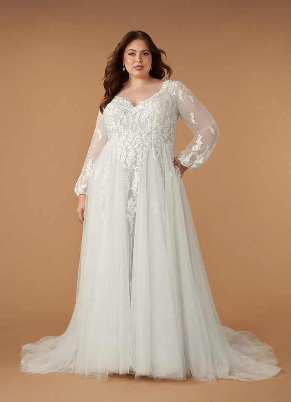 Azazie Anadia 웨딩드레스 A라인 얇실버 명주 그물 채플 트레인 드레스 image1