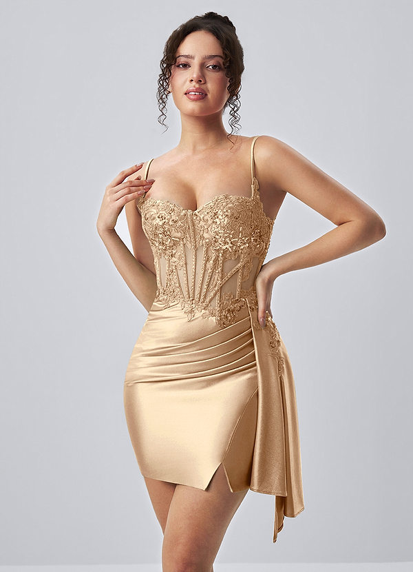 Calisthenia Champagne Stretch Satin Corset Lace Rhinestones Mini Dress image1