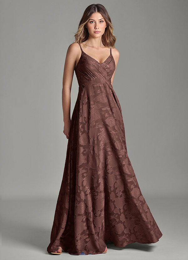 Azazie Amani Bridesmaid Dresses Espresso A-Line Pleated Floral Burnout Dress image1