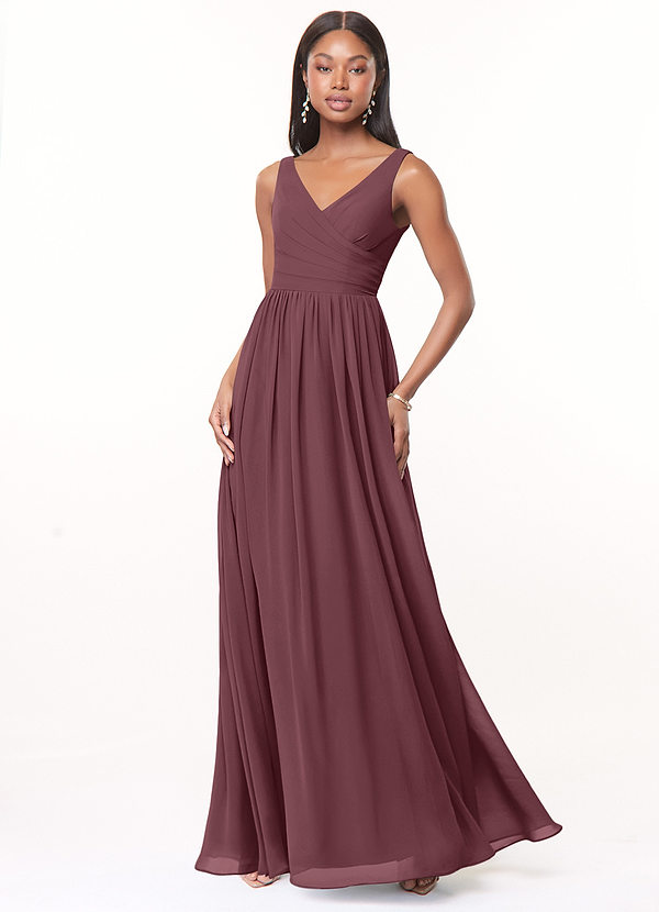 Azazie Keyla Bridesmaid Dresses Sangria A-Line V-Neck Pleated Chiffon Dress image1