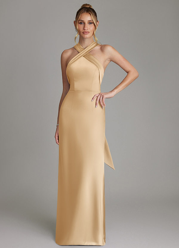 Azazie June Bridesmaid Dresses Gold Sheath Stretch Satin Dress image1