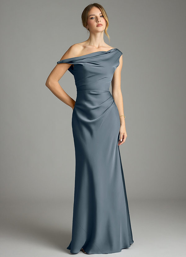 Azazie Emerson Robes de demoiselle d'honneur Robe Sirène en Satin extensible Épaules dénudées Violet Crépusculaire image1