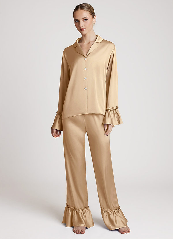front Champagne Lightweight Satin Ruffle Pajama Set
