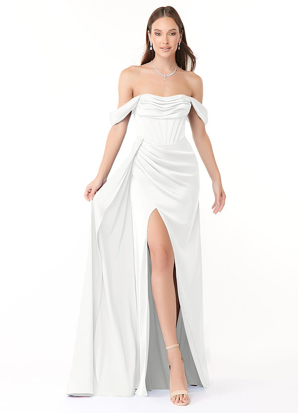 Azazie Amyra Bridesmaid Dresses White Mermaid Off the Shoulder Stretch Satin Convertible Dress image1