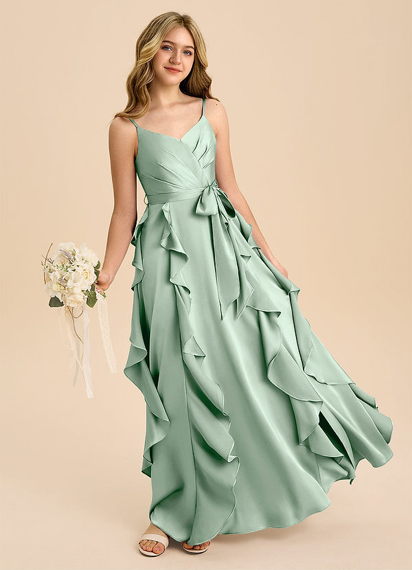 Azazie Peyton Junior Agave A-Line Pleated Stretch Satin Dress image1