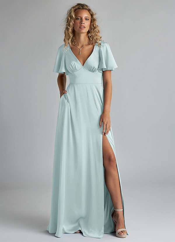 Azazie Kimber Bridesmaid Dresses Mist A-Line Ruched Stretch Satin Dress image1