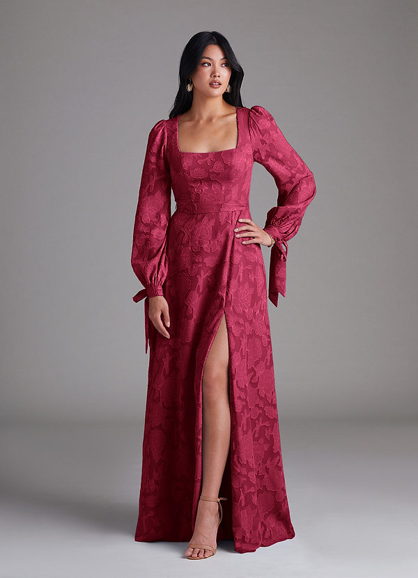 Azazie Leonia Bridesmaid Dresses Burgundy A-Line Long Sleeve Floral Burnout Dress image1