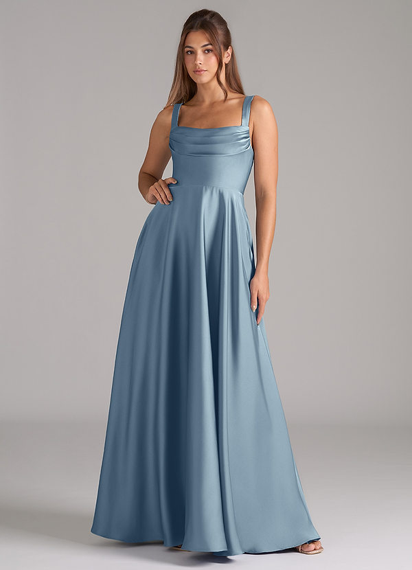 Azazie Shaude Bridesmaid Dresses Dusty Blue A-Line Pleated Stretch Satin Dress image1