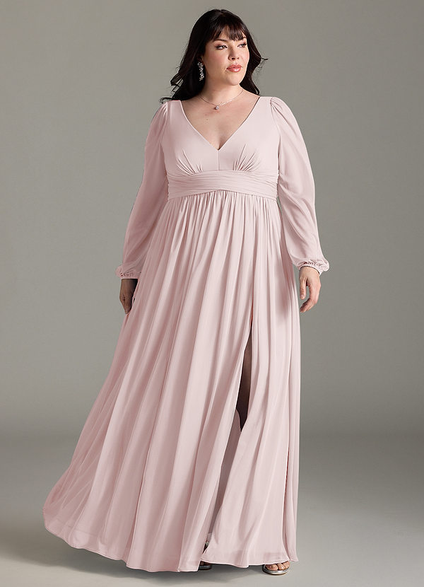 Azazie Norah Bridesmaid Dresses Blushing Pink A-Line V-Neck Long Sleeve Chiffon Dress image1
