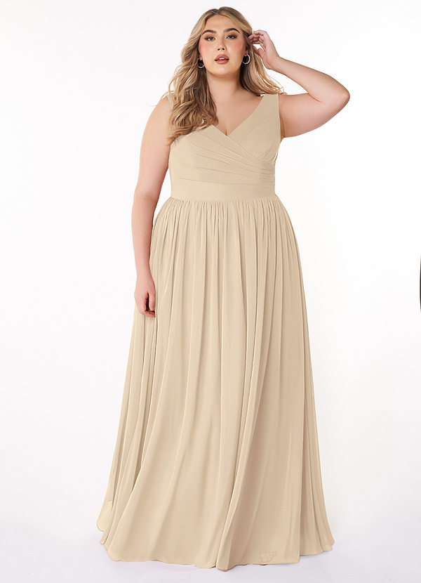 Azazie Keyla Bridesmaid Dresses Champagne A-Line V-Neck Pleated Chiffon Dress image1