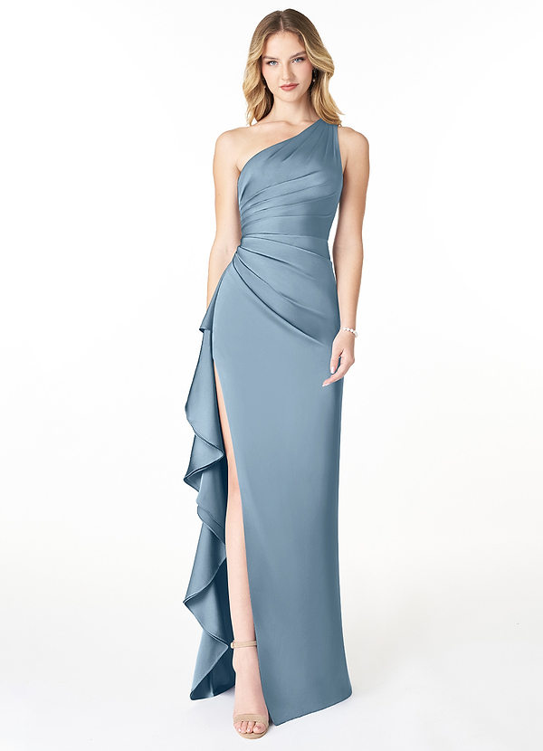 Azazie Latrice Bridesmaid Dresses Sheath One Shoulder Cascading Ruffles Stretch Satin Floor-Length Dress image1