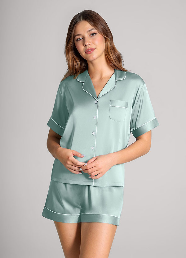 front Matching Color Satin Contrast Piping Pajama Set