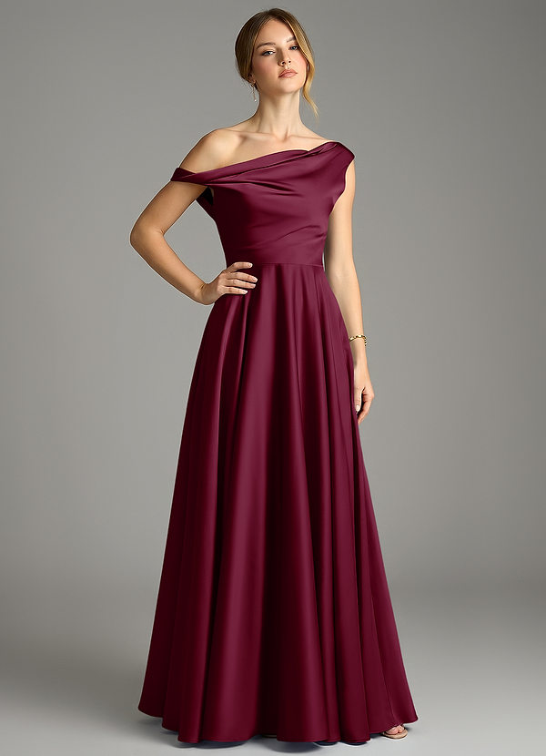 Azazie Xanthe Bridesmaid Dresses Mulberry A-Line Off the Shoulder Stretch Satin Dress image1