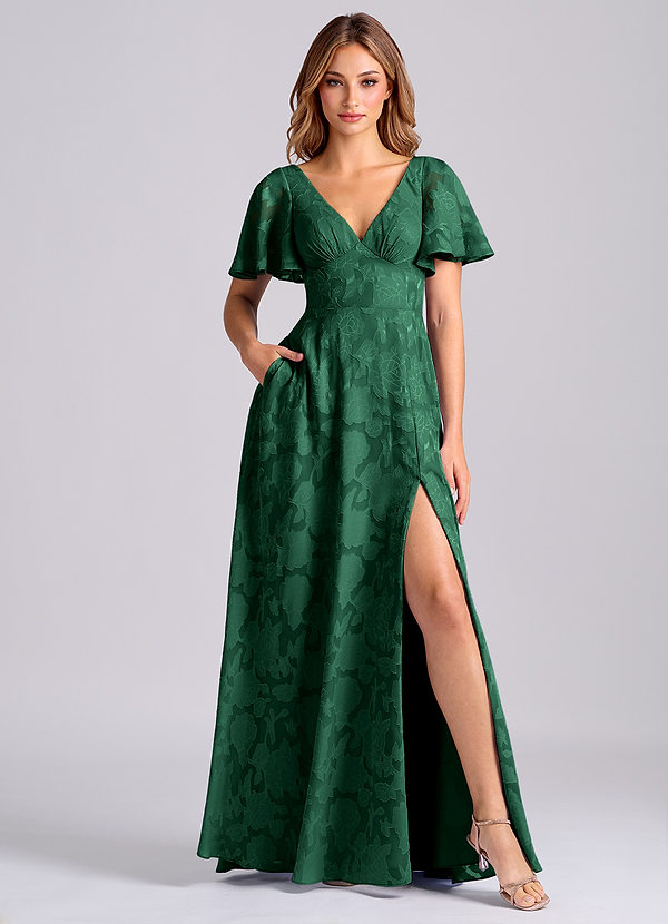 Azazie Kimber Bridesmaid Dresses Dark Green A-Line with Pockets Floral Burnout Dress image1