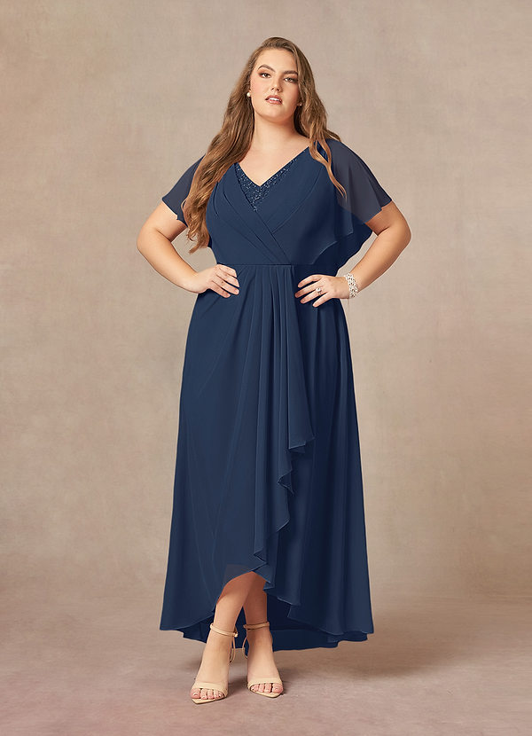 Azazie Eliza Mother of the Brides Dresses Dark Navy A-Line V-Neck Pleated Chiffon Dress image1