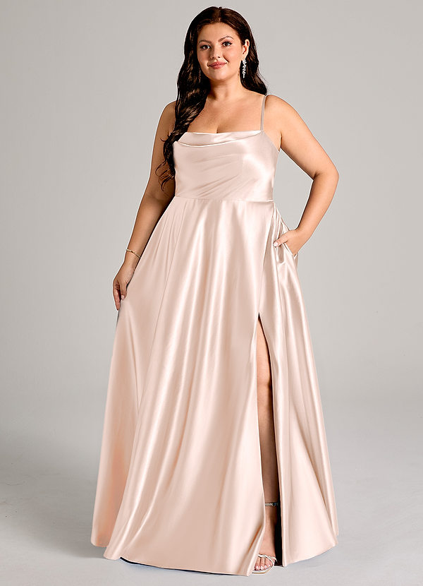 Azazie Elle Bridesmaid Dresses Rose Gold A-Line with Pockets Metallic Satin Dress image1